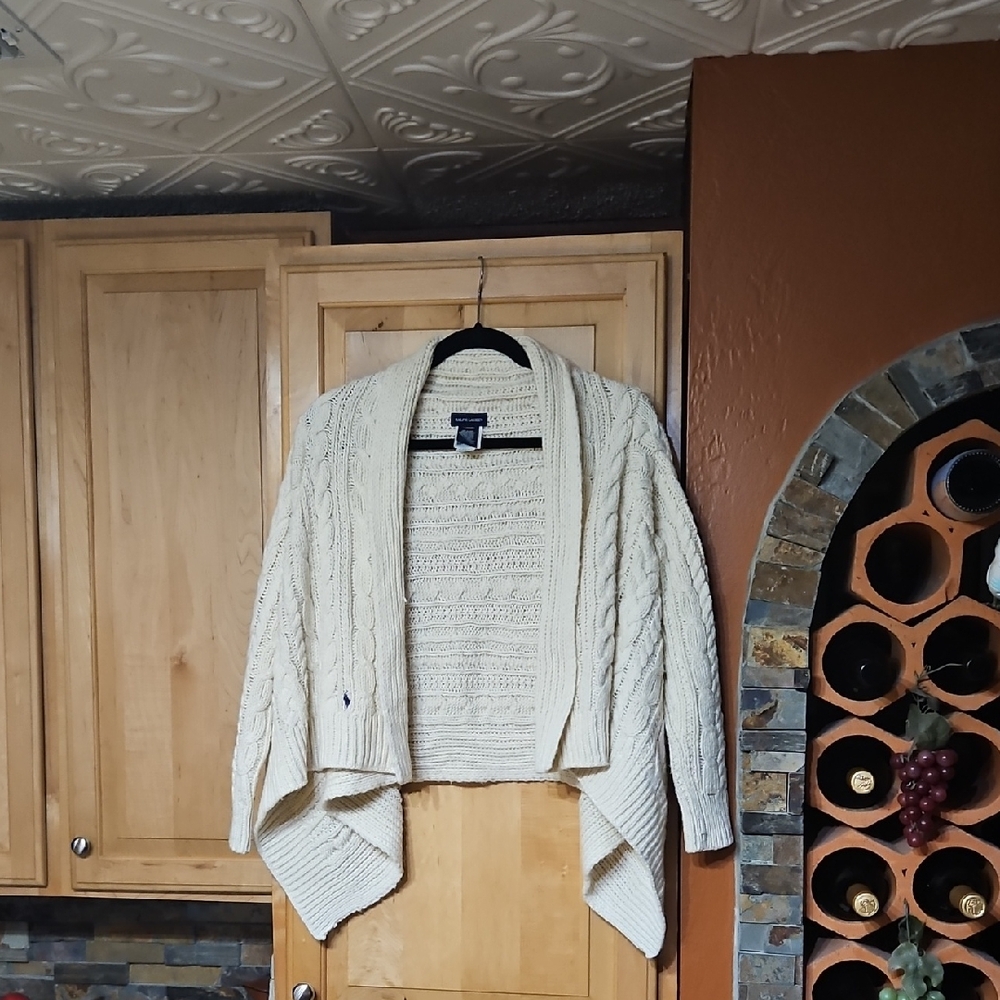 Ralph Lauren Cream Wool Blend Cable Knit Long Sleeve Open Front Cardigan Sweater - Picture 1 of 3